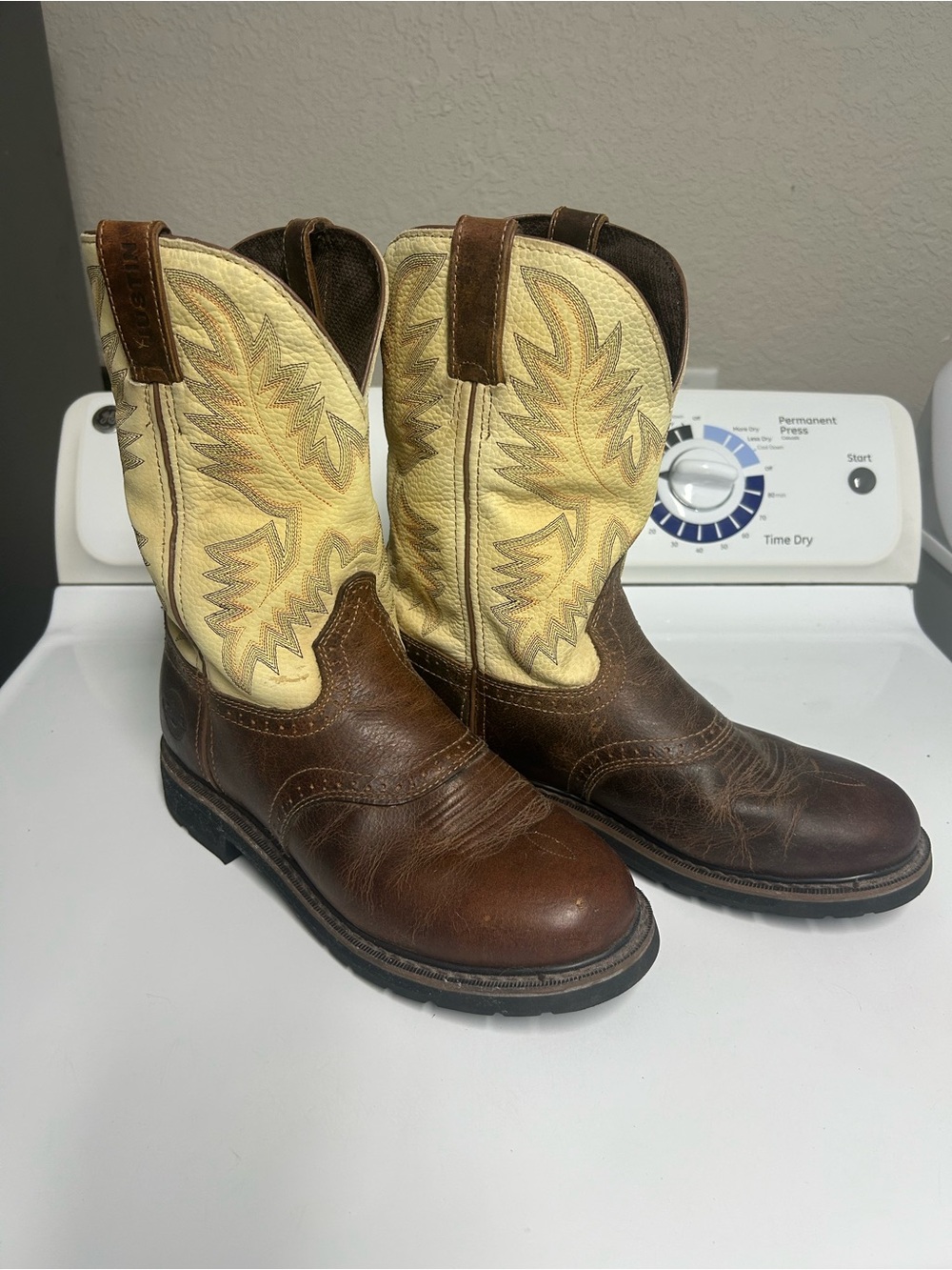 Justin Boots Brown Leather Foot with Cream Embroidered Shaft Cowboy Boots